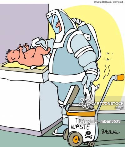 Man disposes of baby's nappy in a toxin waste bin.